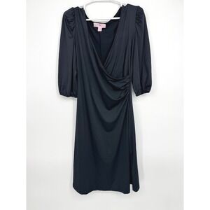 BY Design Black Faux‎ Wrap Puff Sleeve Ruched V-Neck Midi Dress Womens Size M